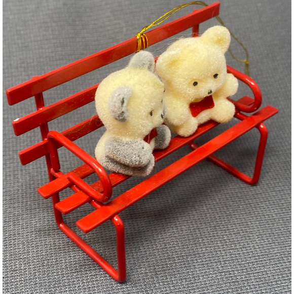 VTG Avon Flocked Christmas Ornaments Teddies in Wagon Teddy Bear on Bench NOEL - Picture 4 of 12